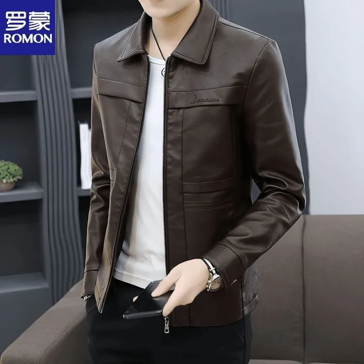 罗蒙时尚青年皮衣春秋季新款时尚韩版修身帅气男士机车皮夹克百搭