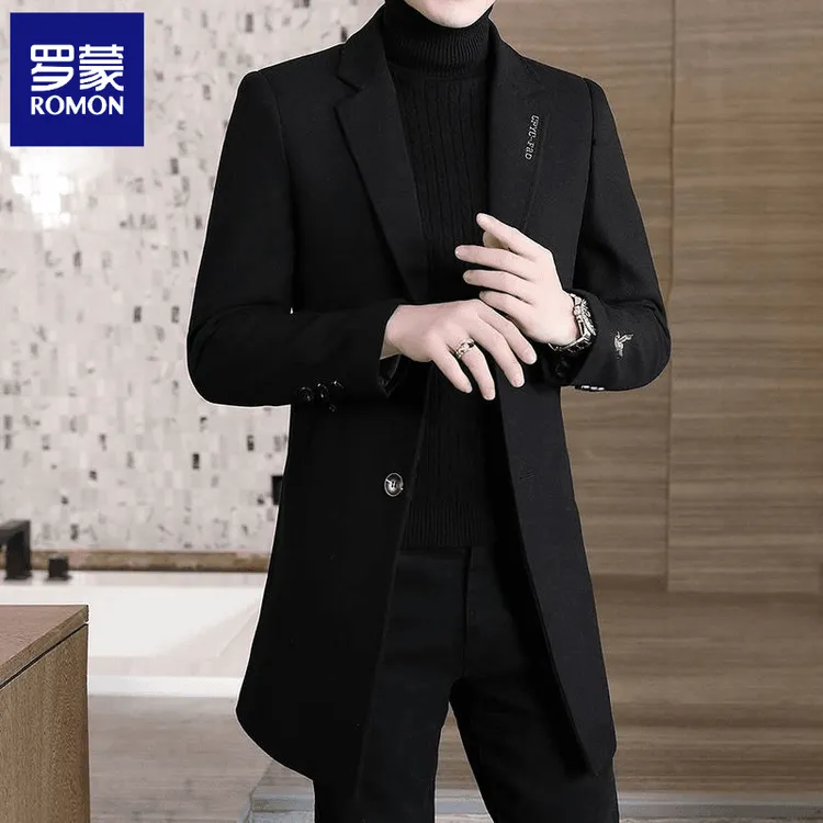 罗蒙秋冬毛呢大衣男士中长款西装呢子外套青年韩版修身加厚风衣潮
