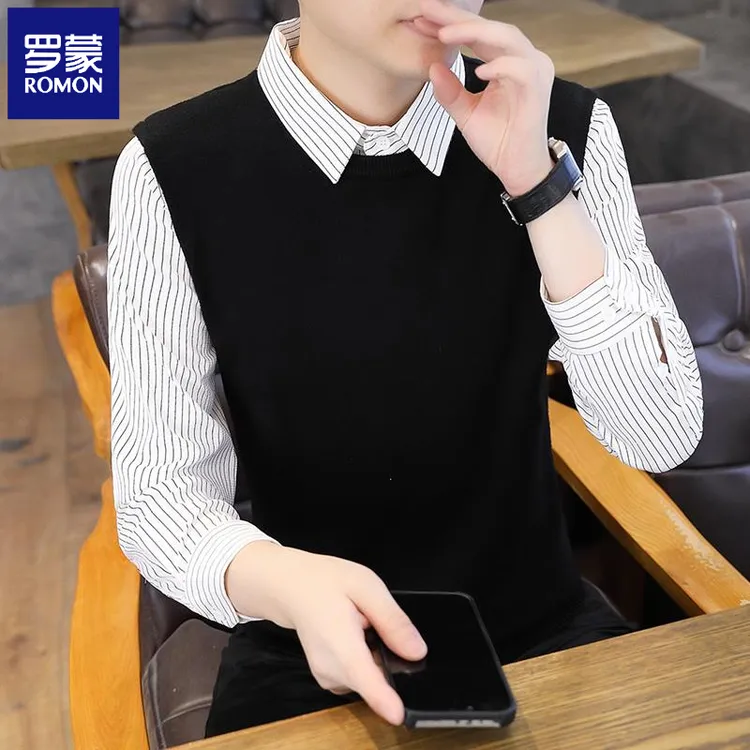 罗蒙高品质假两件针织衫修身百搭毛衣男士2024年新款条纹打底衫