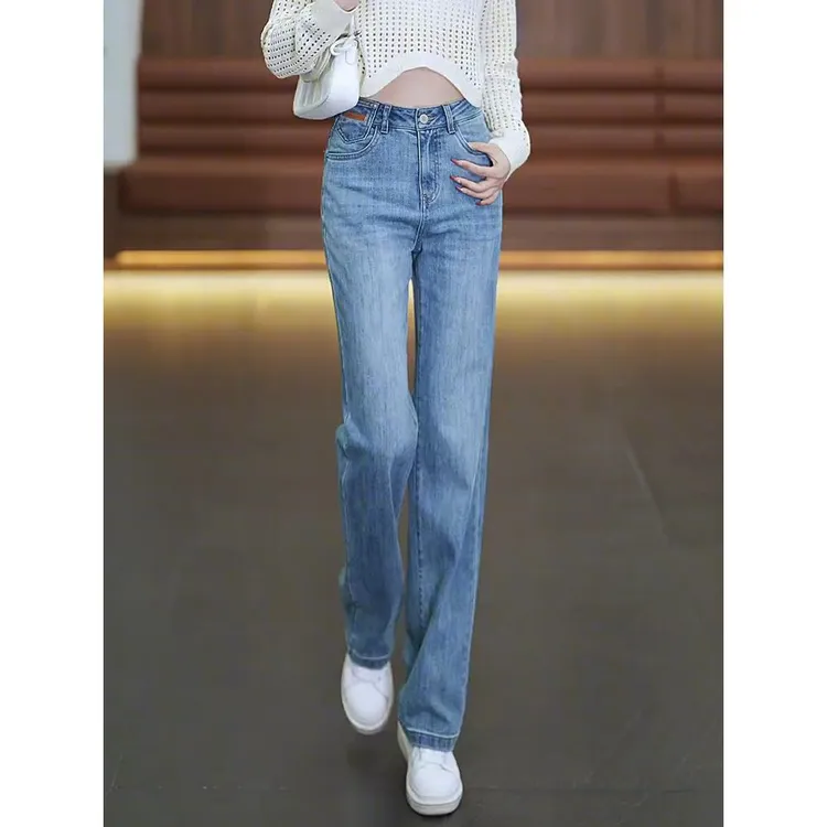 窄版刺绣阔腿牛仔裤女春秋2024新款爆款高腰宽松显瘦休闲直筒裤子