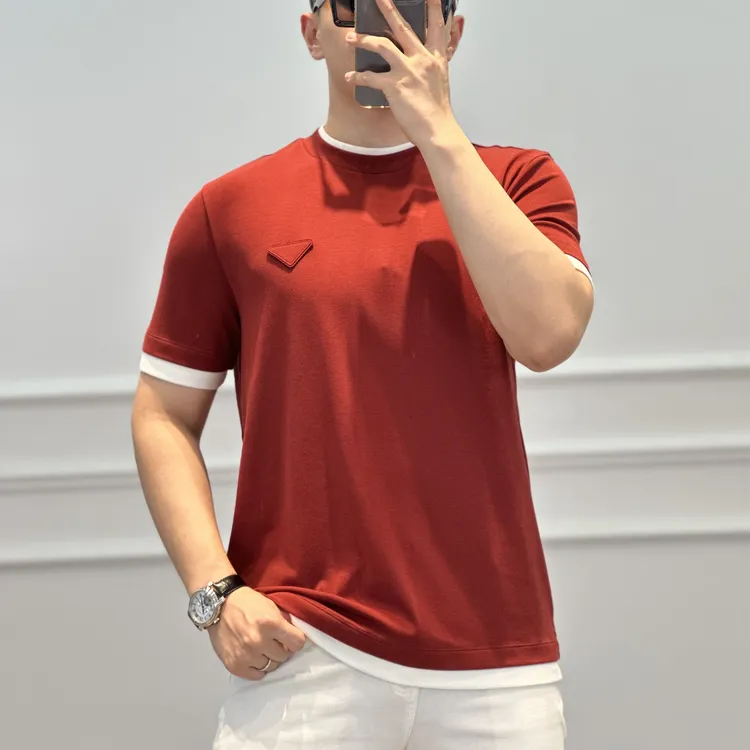 秋冬新款男士三角标莫代尔亲肤柔感假两件时尚圆领短袖TJPR-M642