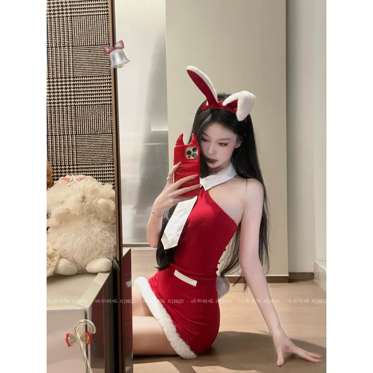 「LA」兔子小姐*圣诞节原创红色紧身cos兔兔制服女约会包臀连衣裙