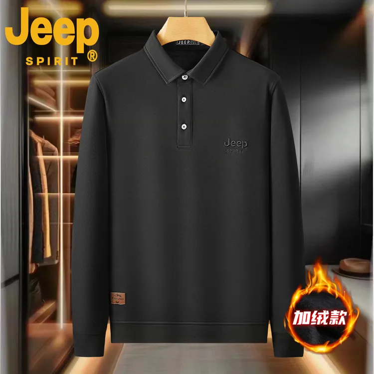 JEEPSPIRIT简约潮流大码男士长袖加绒POLO衫中年打底翻领刺绣时尚