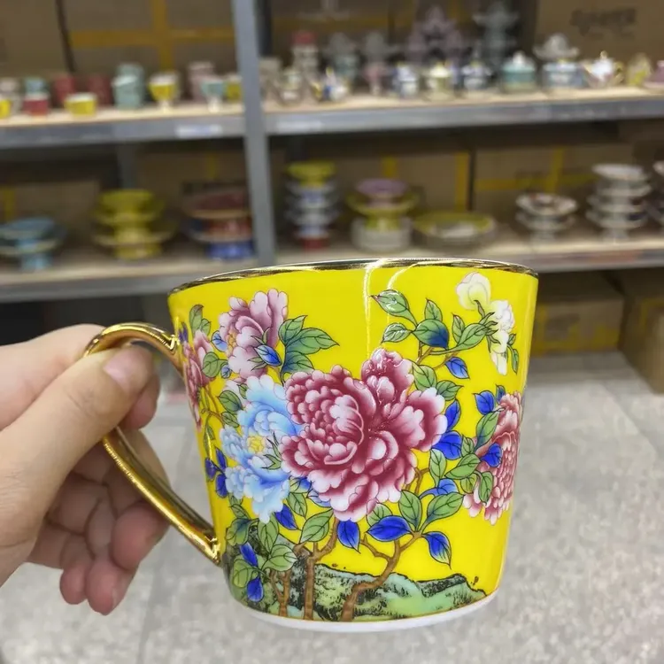 【牡丹大口直口杯】景德镇珐琅彩马克杯水杯咖啡杯饮具