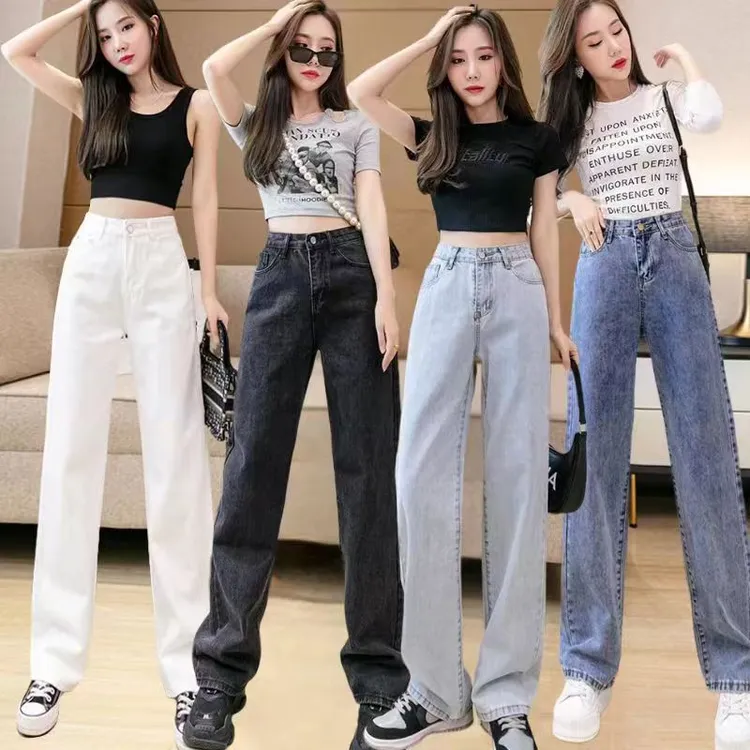 2024夏季百搭时尚宽松显瘦大码阔腿高腰小个子牛仔裤九分裤长裤子