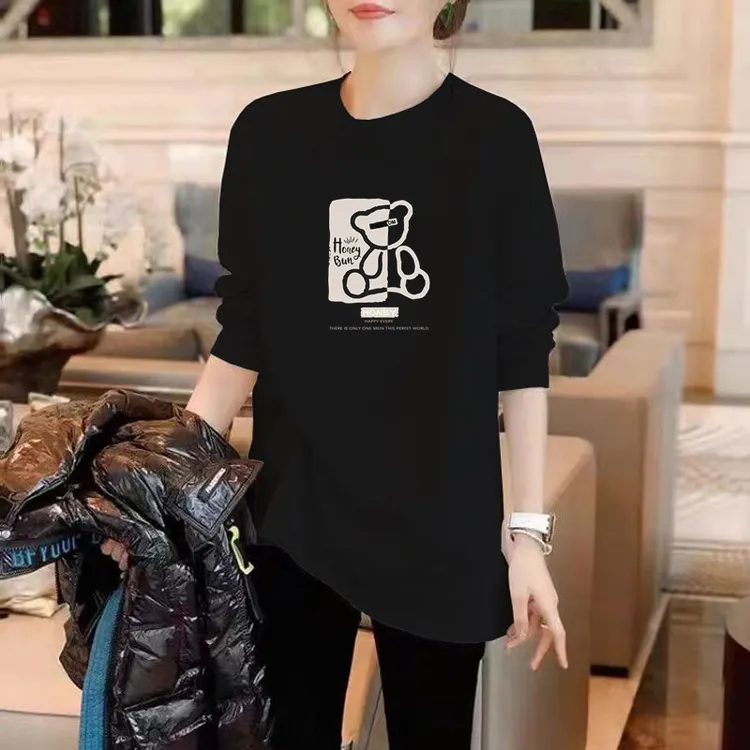 春秋季长袖字母中长款纯棉t恤女装大码宽松上衣服遮屁股打底衫ins