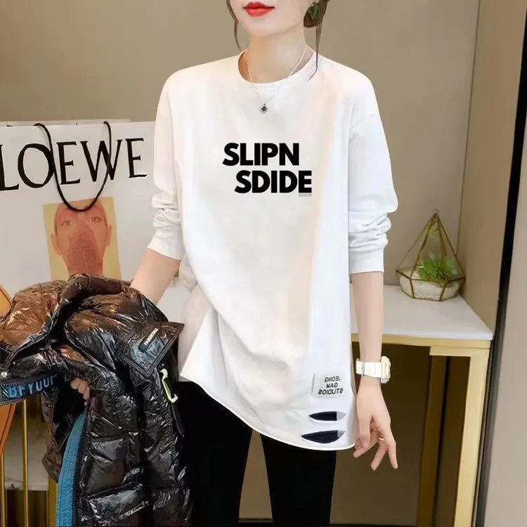 长袖春秋白色时尚大码女装纯棉中长款t恤女遮屁股破洞上衣打底衫
