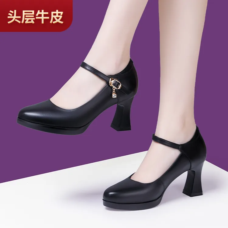 旗袍走秀高跟鞋女真皮粗跟牛皮软底防水台圆头洋气皮鞋专用中跟鞋