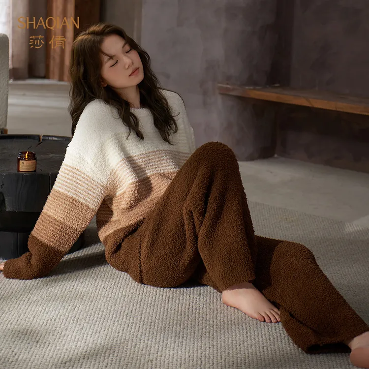 莎倩2025新款睡衣秋冬款女半边绒加厚套装珊瑚绒加绒可外穿家居服