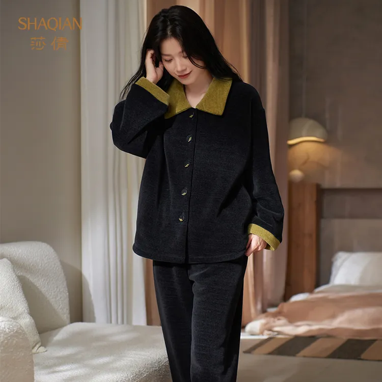 莎倩冬季睡衣女2025年新款一体绒家居服加厚加绒珊瑚绒可外穿套装