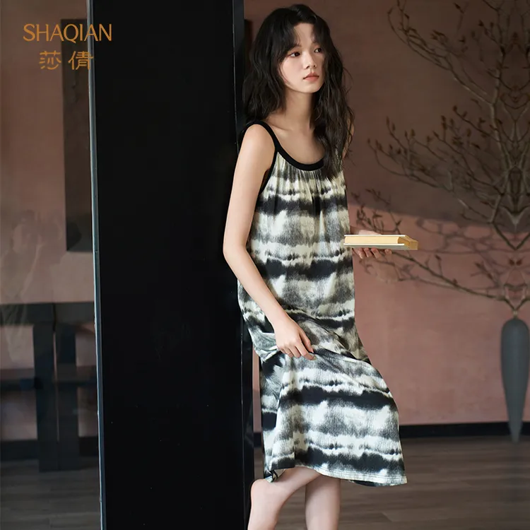 莎倩带胸垫睡裙女夏季2025新款莫代尔吊带睡衣水墨性感休闲可外穿
