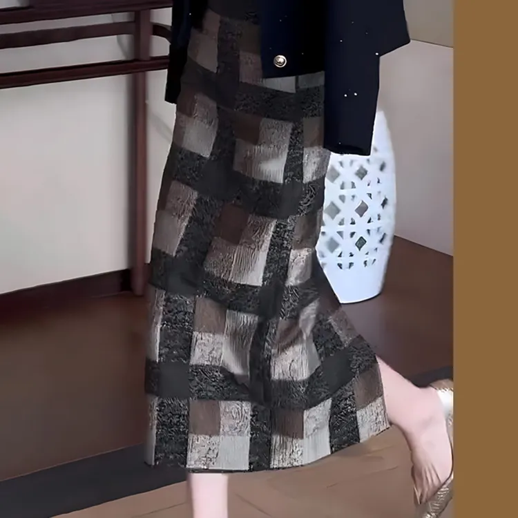 格子半身裙女开叉春秋冬新款宽松百搭直筒包臀裙子复古高腰显瘦