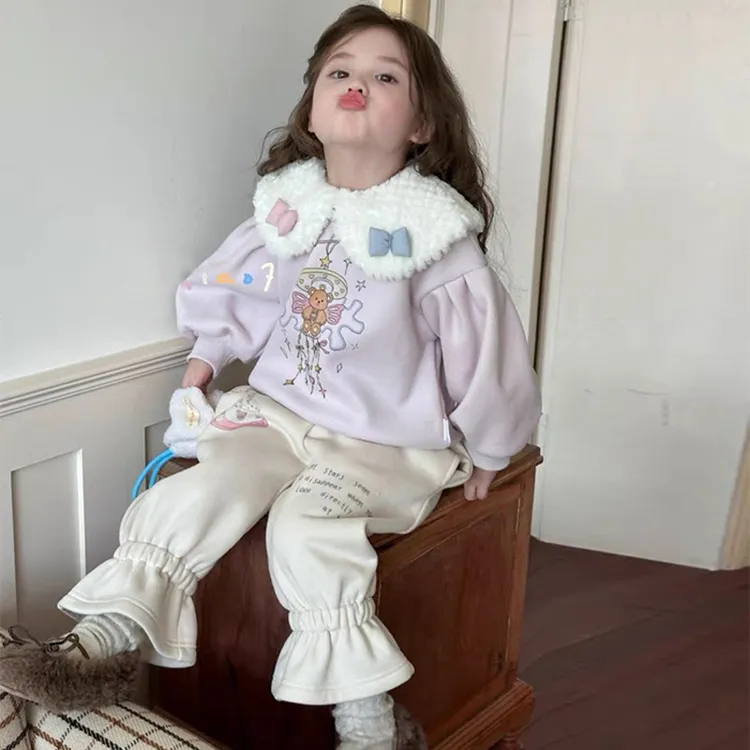 女童秋冬款加绒加厚洋气卡通卫衣裤套装2025新款儿童韩版翻领上衣