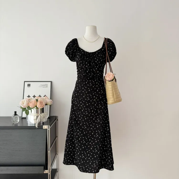 气质法式风情碎花连衣裙DH OFFICIAL 大花西西里少女