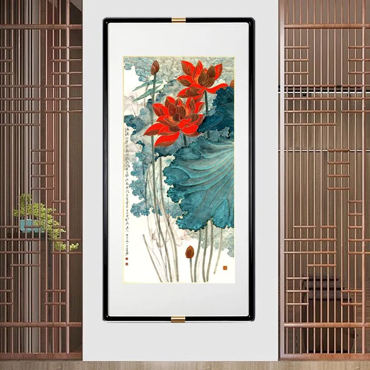 铜雕画《金线荷花》玄关装饰画走廊壁画竖版花挂画新中式古典过道画