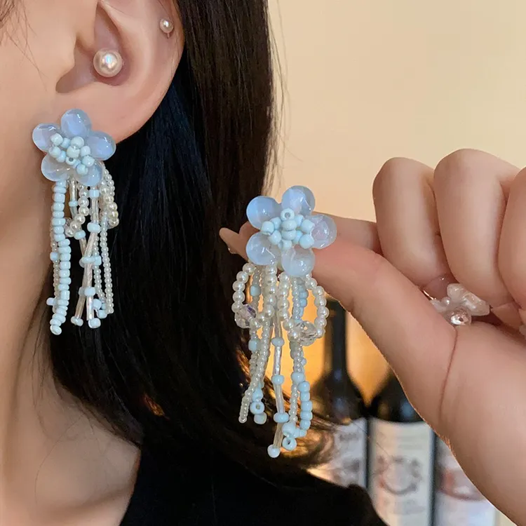 合金仿珍珠耳饰 山茶花流苏耳环甜美百搭耳饰蓝色仙气仙女森系