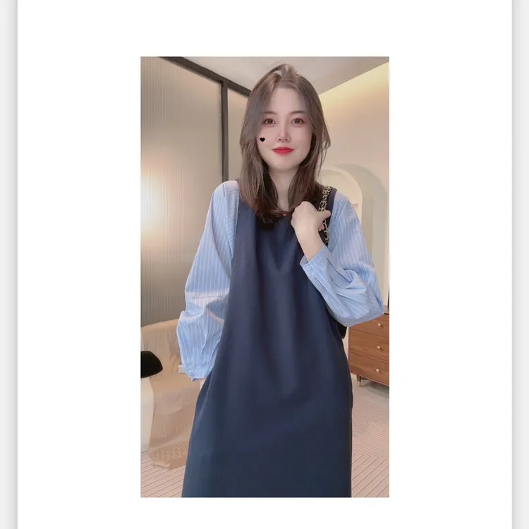 设计师假两件条纹衬衫拼接西装连衣裙女2025春秋新款宽松显瘦长裙