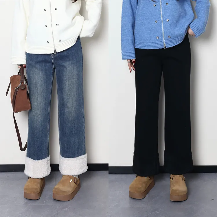 裂渡宣宣【刚需神裤】微胖大码女冬百搭加厚抓绒拼接牛仔裤ZY411A13