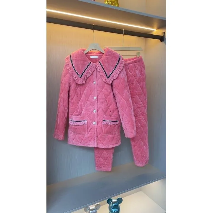 睡衣女秋冬季时尚三层夹棉加绒加厚睡衣家居服气质套装可外穿