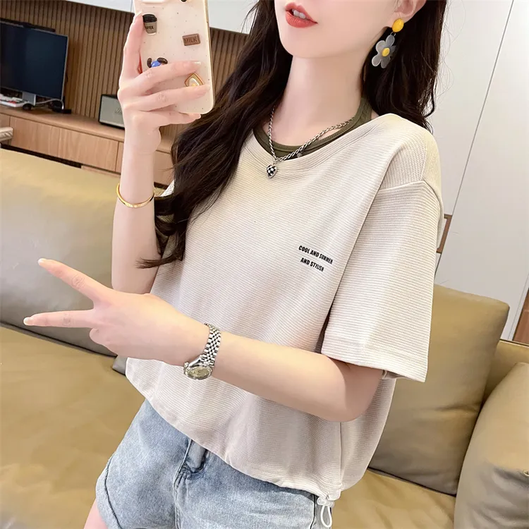 2025夏季新款小个子华夫格短袖女装假两件T恤小众短款上衣打底衫