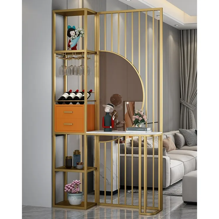 轻奢入户屏风酒柜隔断客厅简约带抽屉置物架免打孔不锈钢玄关装饰