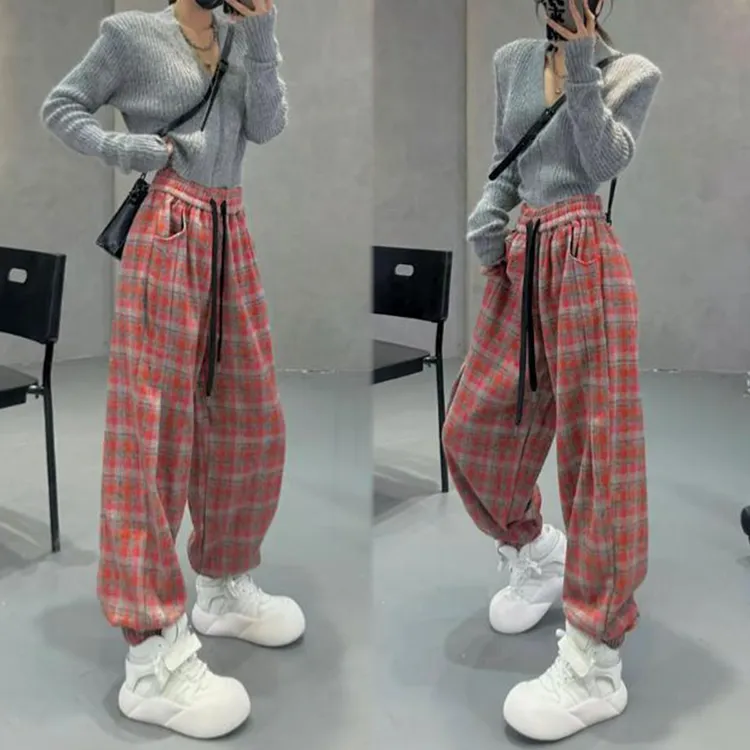 加绒/不加绒 高腰宽松显瘦格子哈伦裤秋冬新款复古休闲束脚卫裤女