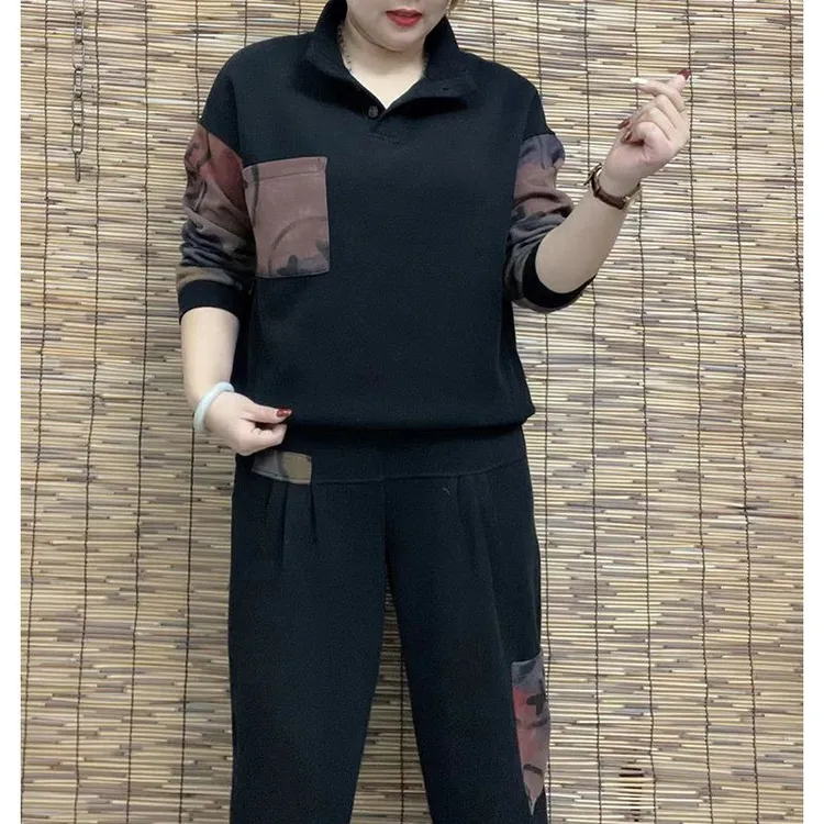 大码洋气拼接简约运动套装2024春季新款宽松显瘦上衣哈伦裤两件套