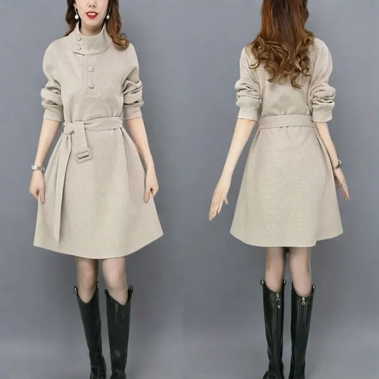 2024秋季新款时尚设计感长袖连衣裙女洋气显瘦拼接中长款休闲裙子