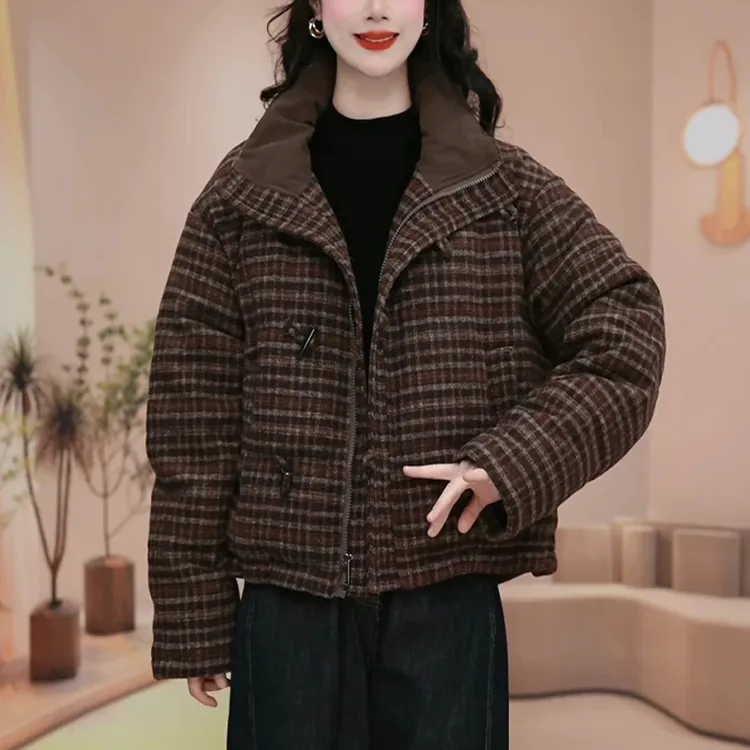 加厚保暖棉衣外套女2024冬季新款设计感宽松显瘦休闲百搭格子棉服
