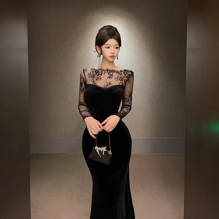 秋冬新款法式纯欲蕾丝拼接丝绒长袖连衣裙露背礼服鱼尾长裙