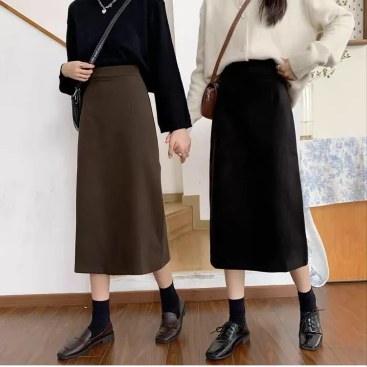 秋冬毛呢半身包臀裙女新款显瘦一步百搭气质后开叉高腰A字中长裙