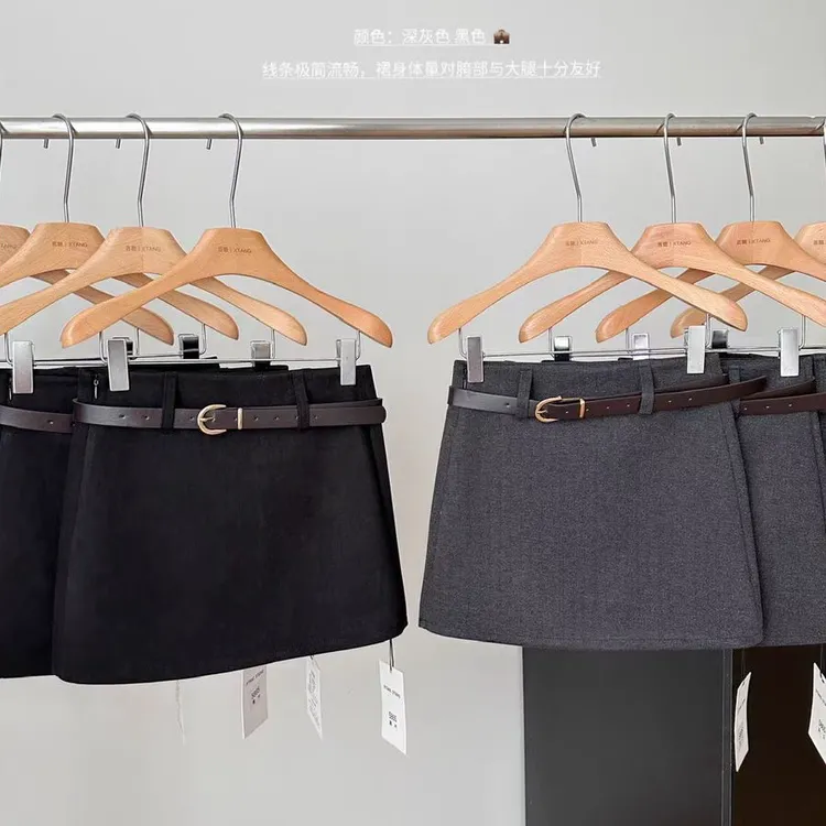 秋冬款百搭灰色毛呢半身裙女新款高腰显瘦磨毛西装a字短裙配腰带
