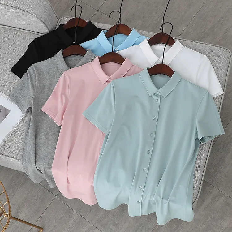 凉快透气精梳针织棉短袖衬衫女薄款纯色夏季棉质小翻领上衣简约