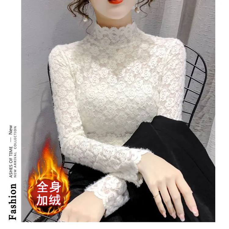 植绒秋冬新款加绒加厚半高领磨毛蕾丝百搭打底衫女装洋气内搭长袖