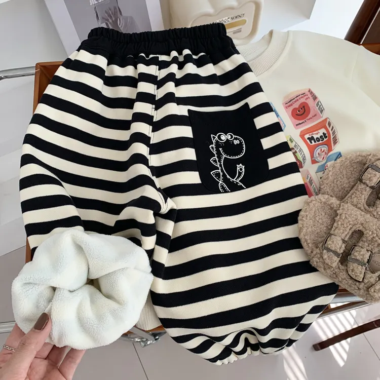 儿童加绒秋冬卫裤韩版冬季新款一体绒条纹百搭长裤宝宝加厚裤子潮