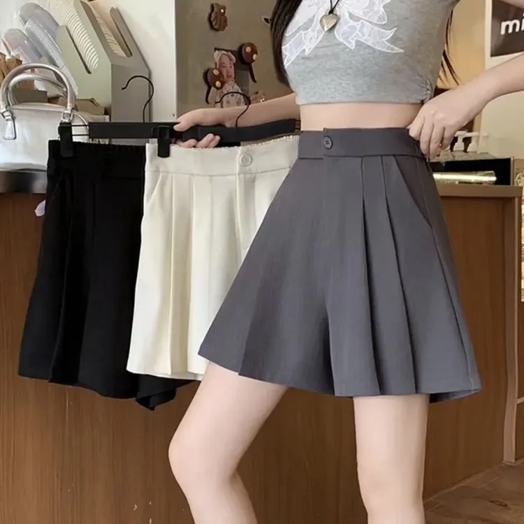 夏季松紧腰冰丝西装百褶裤2025胖mm大码百搭显瘦高腰a字阔腿短裤