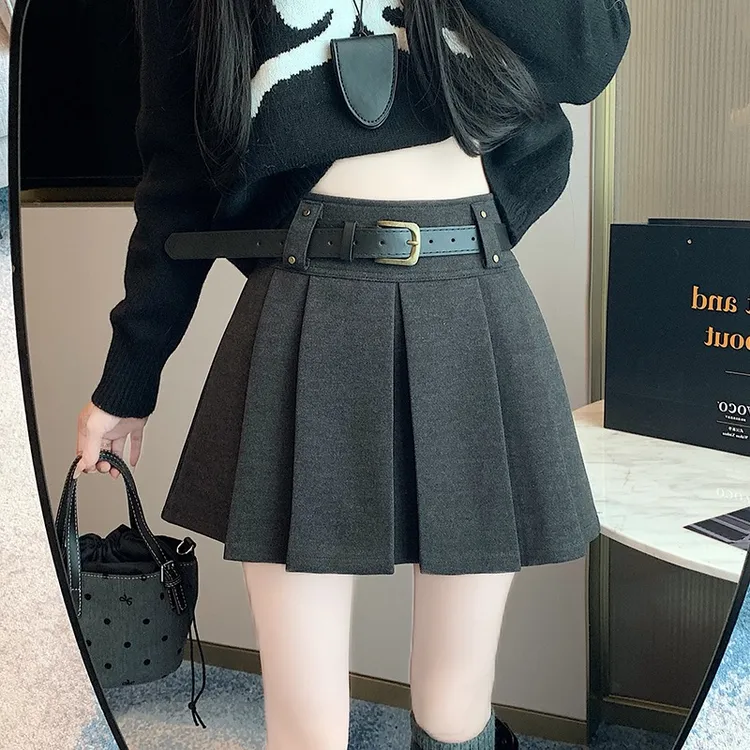 秋冬毛呢半身裙短款百褶裙高腰A字裙学院风修身显瘦气质小个子