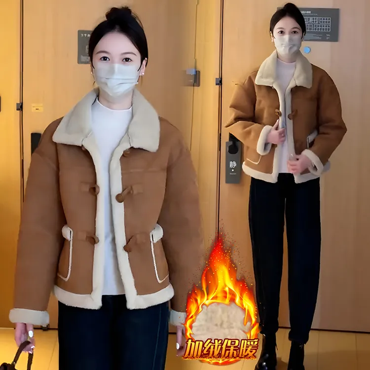 加绒加厚韩版宽松短外套女2025年冬季新款小个子皮毛一体保暖上衣