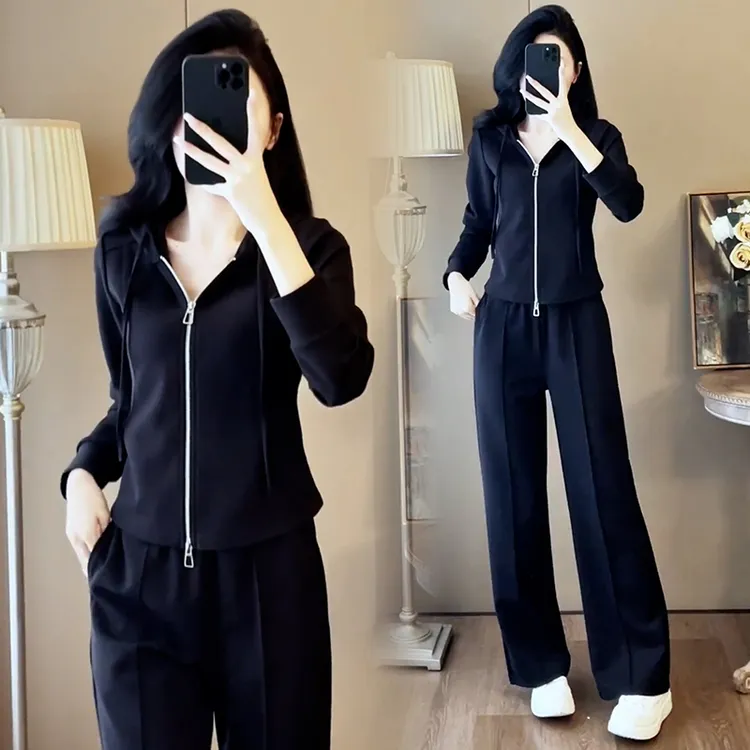 高含棉时尚气质拉链卫衣套装女2026年春秋季新款休闲阔腿裤两件套
