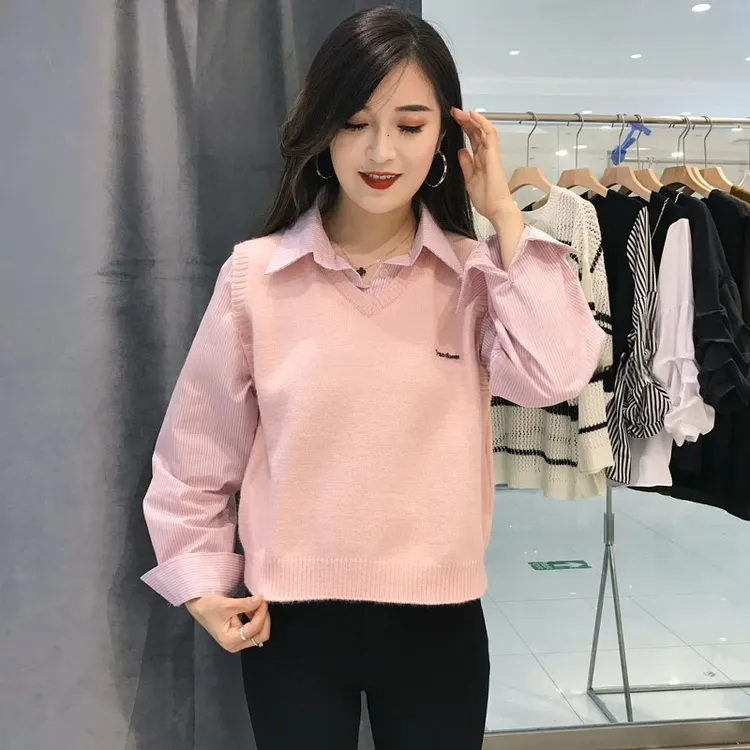 时尚减龄针织背心衬衫女2026年春秋季新款胖mm遮肉显瘦假两件上衣