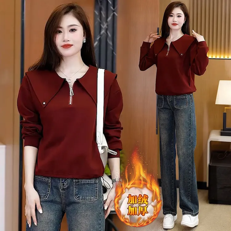 高含棉加厚时尚娃娃领卫衣女2025年冬季新款气质百搭半拉链上衣潮