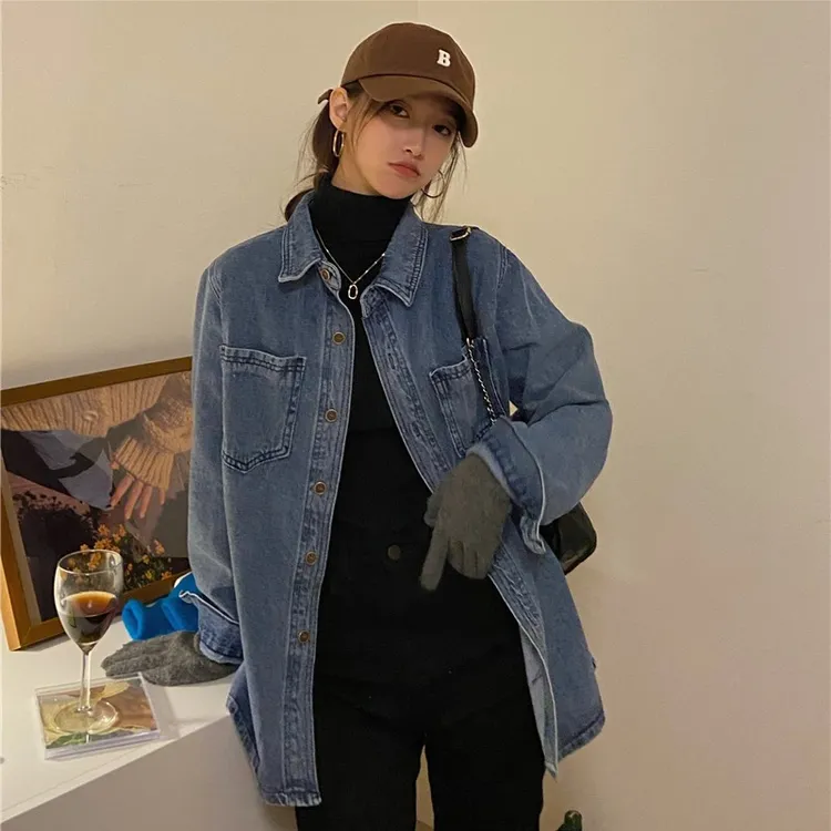 2024春秋季港风复古中长款小众蓝色内搭叠穿衬衫百搭牛仔外套女