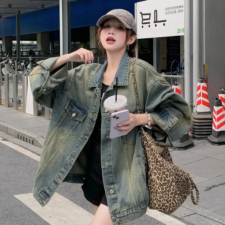 水洗复古美式牛仔外套女高街潮牌宽松情侣休闲宽松百搭牛仔衣8659