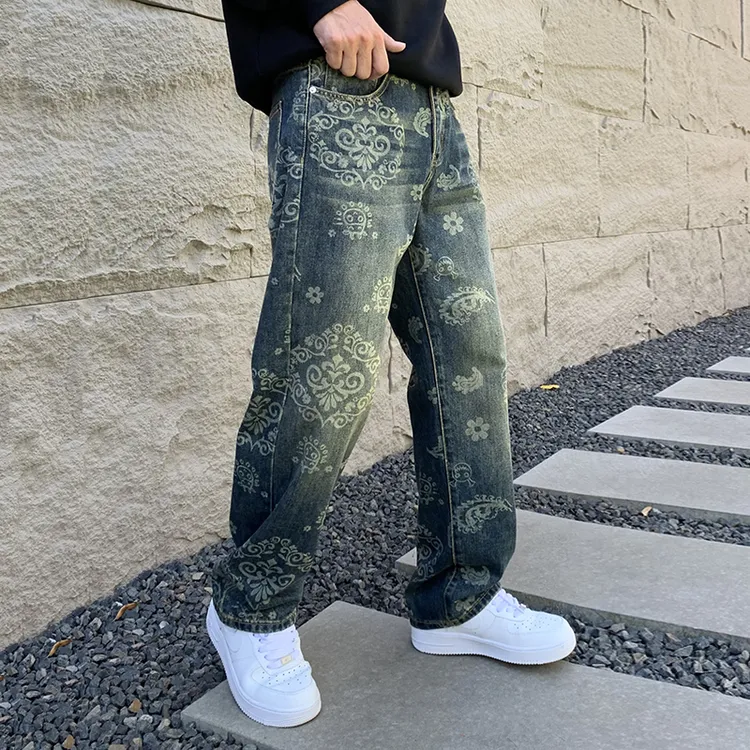 美式复古提花牛仔裤男高级感炸街痞帅裤子秋季新款直筒显瘦长裤潮