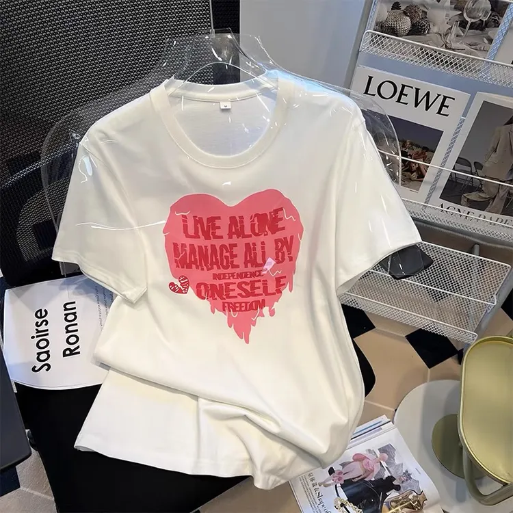 面料升级！纯棉 涂鸦新款爱心短袖t恤女款显身材潮流t恤批发#B05