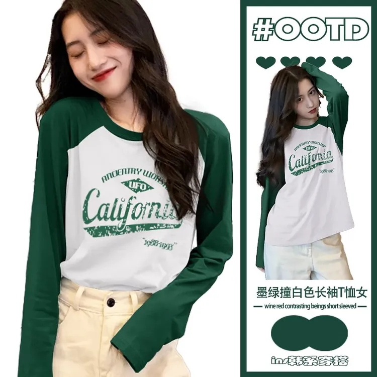 HJ339#早秋纯棉拼色长袖t恤 撞色高质量纯棉圆领长袖t恤女