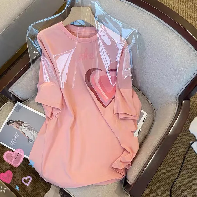 B21#粉色t恤复古时髦爱心设计感韩版宽松百搭爱心短袖上衣洋气