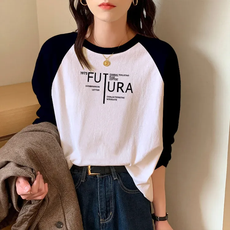 M197-FUTURA字母#早秋棉拼色长袖t恤撞色高质量纯棉圆领长袖t恤女