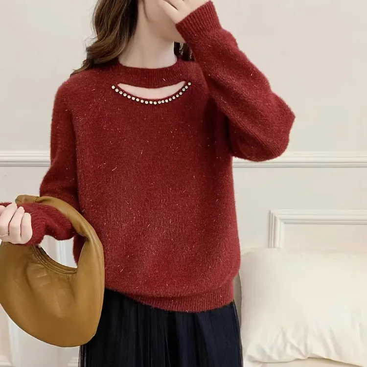不起球 软糯温柔风钉钻亮丝毛衣女小心机设计感针织衫上衣