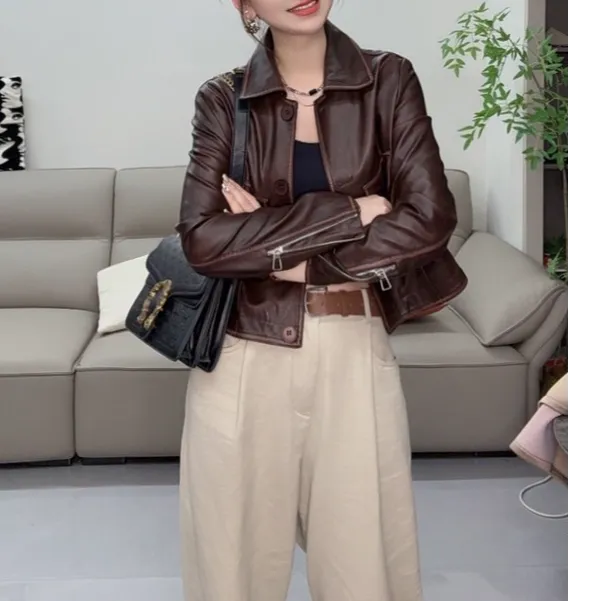 复古扎染皮衣外套女立领机车服2024秋季新款小个子夹克短款上衣潮